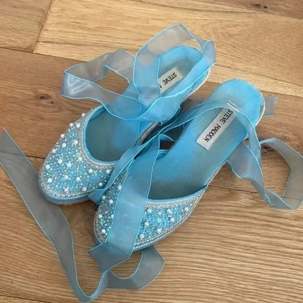 Steve Madden Blue Beaded Espadrilles Tie Up Wedges - Picture 5 of 15